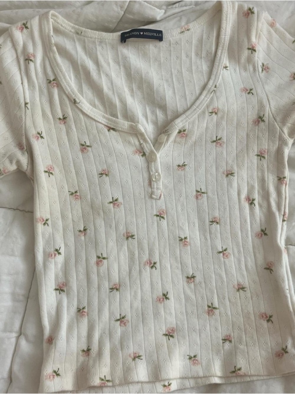 Brandy Melville Cream Ribbed Henley Top with Pink Rose Print